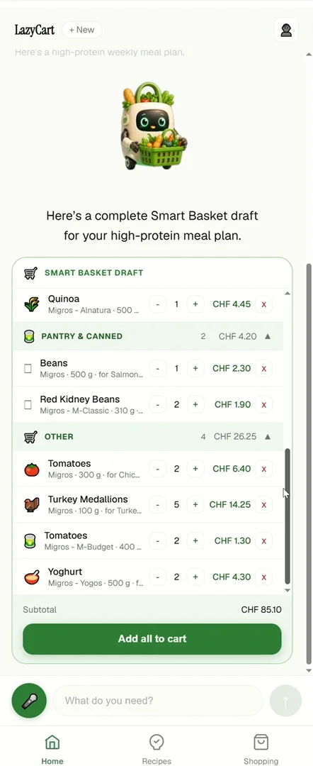 LazyCart basket review screen