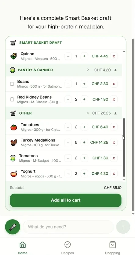 LazyCart prototype showing an editable grocery basket with Migros products and quantities