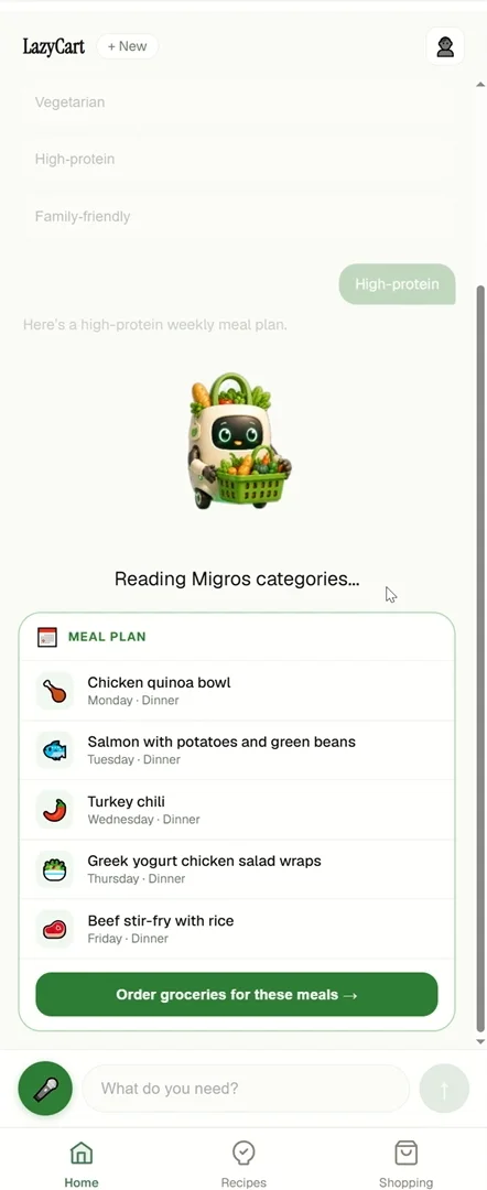 LazyCart meal plan screen